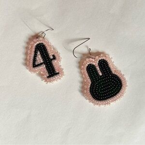Handmade mismatched pink black beaded number 4 bunny rabbit silhouette earrings